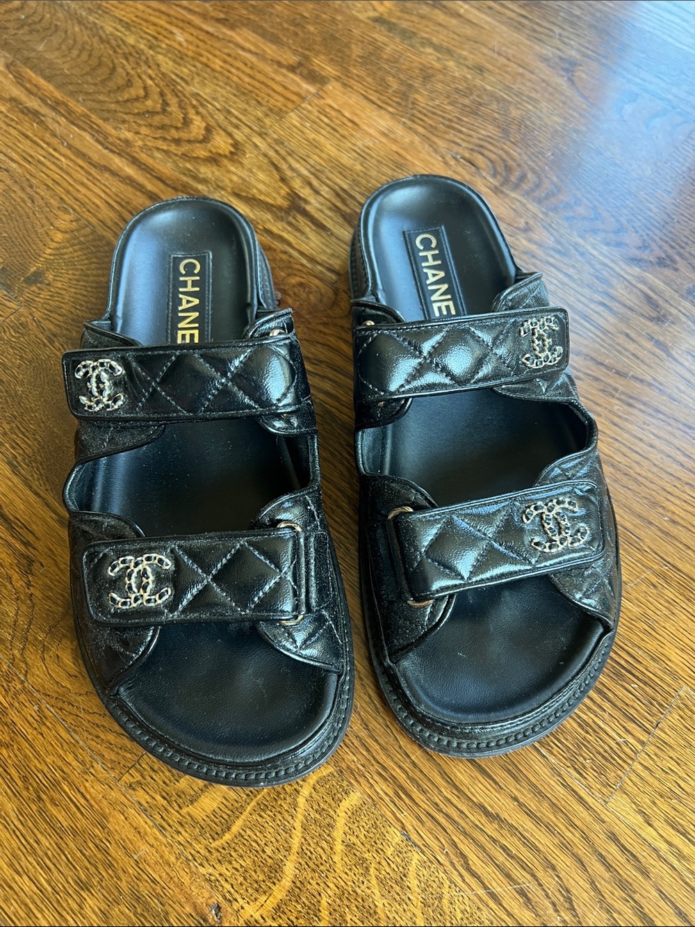 CHANEL Black Quilted Double-Strap Slide Sandals with CC Hardware Dad Sandals